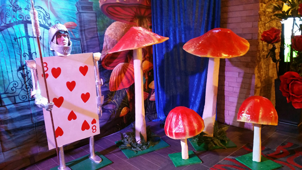 Alice in Wonderland props, giant mushrooms, a 8 of hearts card knight for events in Southern California